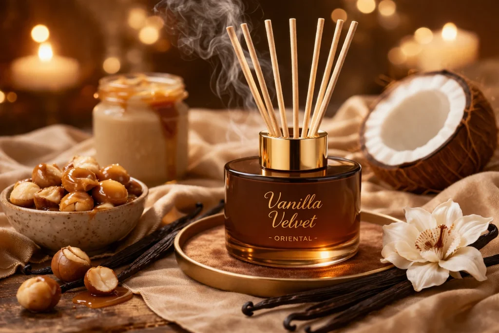 Αρωματικό Vanilla Velvet από τη συλλογή Oriental & Sensual της HYCEAN με γλυκές και ζεστές νότες βανίλιας για πολυτελή και χαλαρωτική ατμόσφαιρα σε επαγγελματικούς χώρους