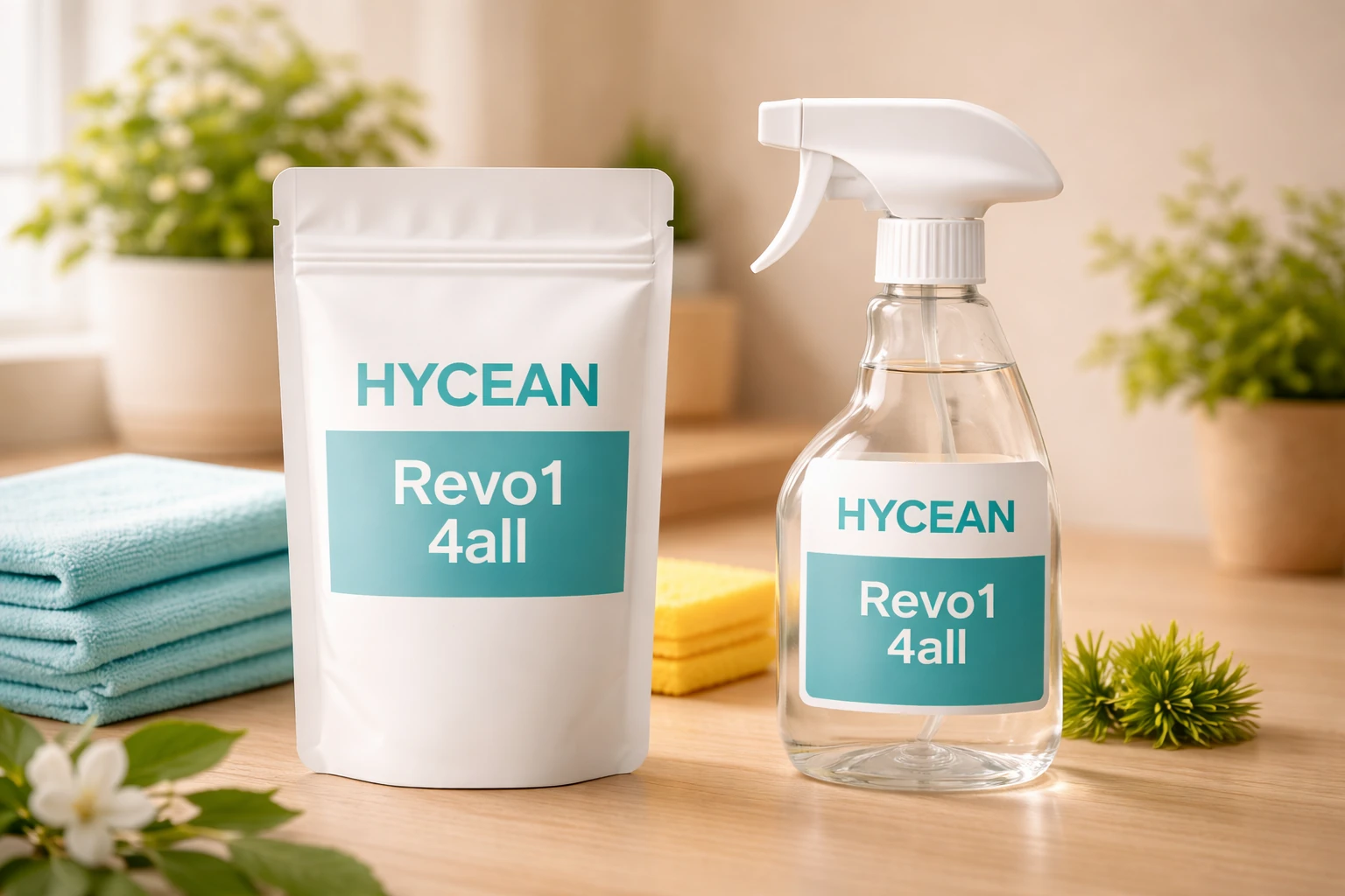Προϊόντα καθαρισμού HYCEAN Revo1 4all σε λευκή συσκευασία και μπουκάλι ψεκασμού, με μικροΐνες και σφουγγάρι σε ξύλινη επιφάνεια