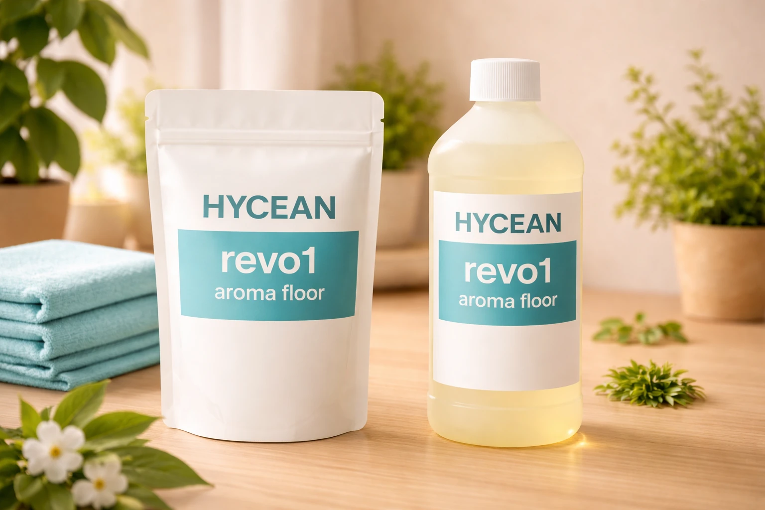 Προϊόντα καθαρισμού HYCEAN Revo1 Aroma Floor σε συσκευασία και μπουκάλι, με πετσέτες και γλάστρα σε ξύλινη επιφάνεια