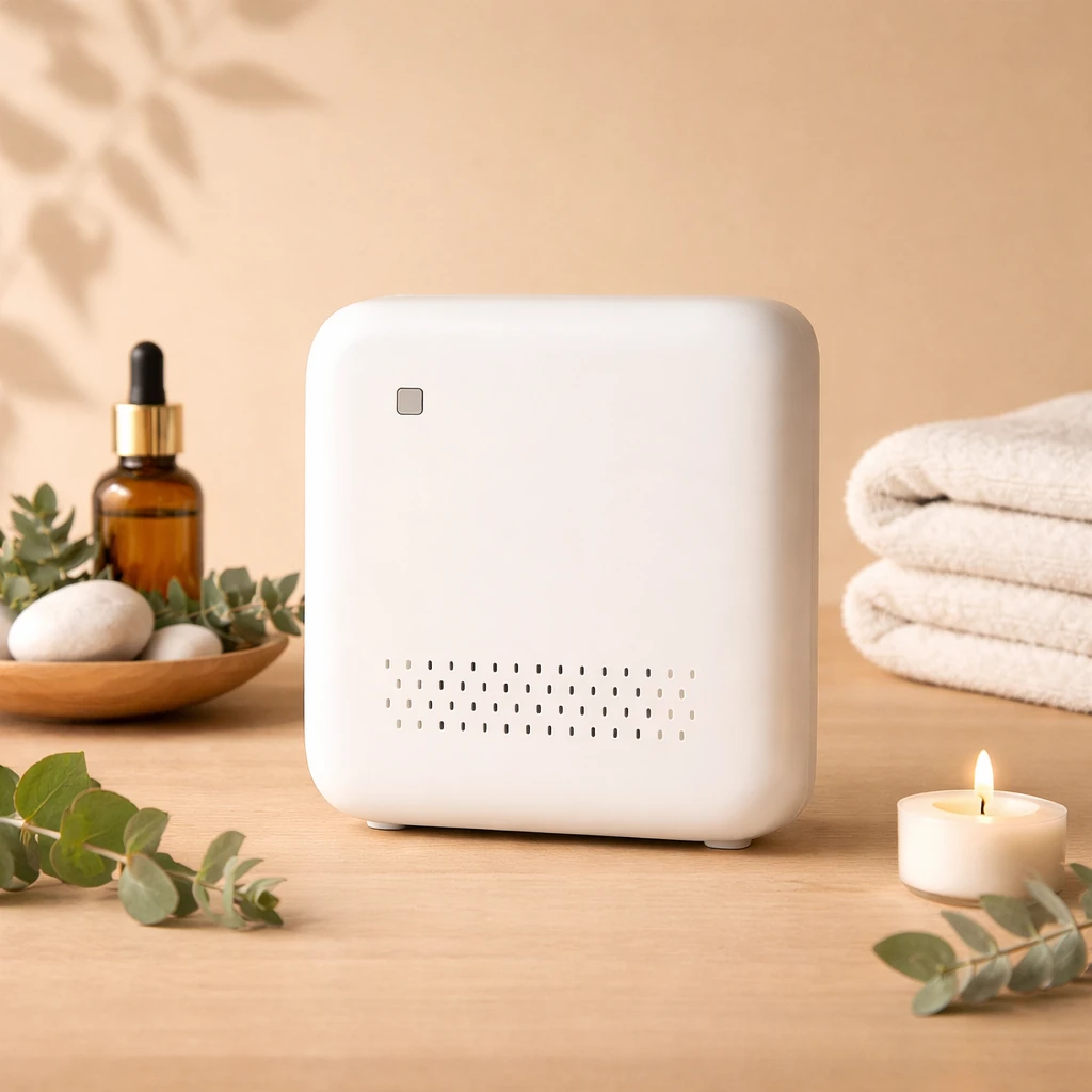 Ηλεκτρικό diffuser AZ60 σε λευκό χρώμα, απελευθερώνοντας ατμό σε ήρεμο επαγγελματικό χώρο με φυσικά στοιχεία και μαλακό φωτισμό.