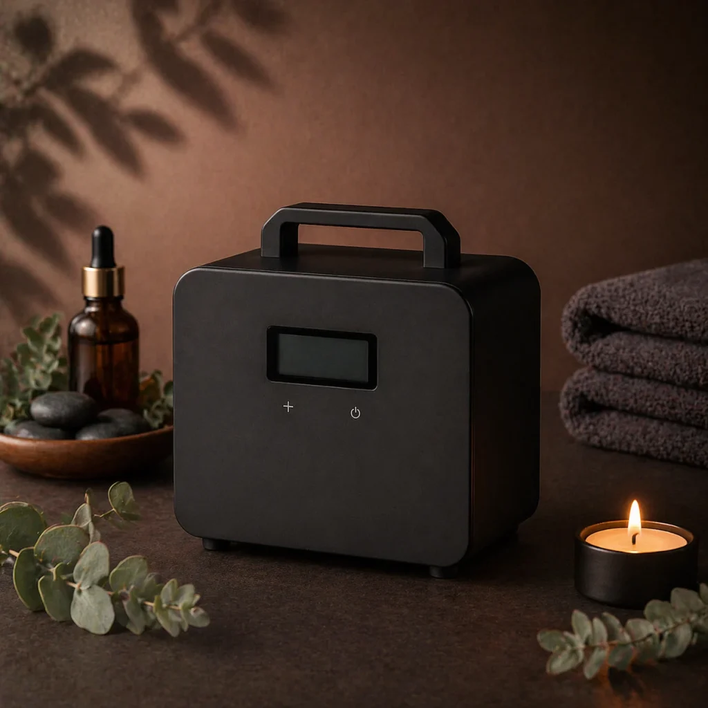 Ηλεκτρικό diffuser S1600 σε μαύρο χρώμα, απελευθερώνοντας ατμό σε ήρεμο επαγγελματικό χώρο με φυσικά στοιχεία και μαλακό φωτισμό