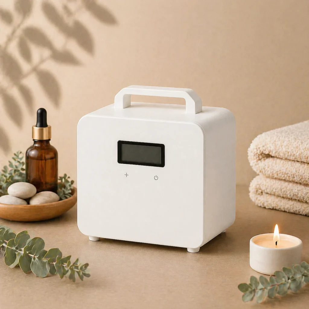 Ηλεκτρικό diffuser S1600 σε λευκό χρώμα, απελευθερώνοντας ατμό σε ήρεμο επαγγελματικό χώρο με φυσικά στοιχεία και μαλακό φωτισμό.